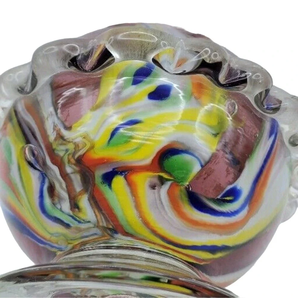 Lead Crystal Multicolor Striped Art Glass Vase Ruffled Rainbow Ribbon Statement - Picture 6 of 10